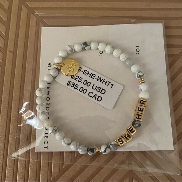 Little Words Project Bracelet She Her Stretch Beaded Gold Marble Neutral Casual - Picture 1 of 5